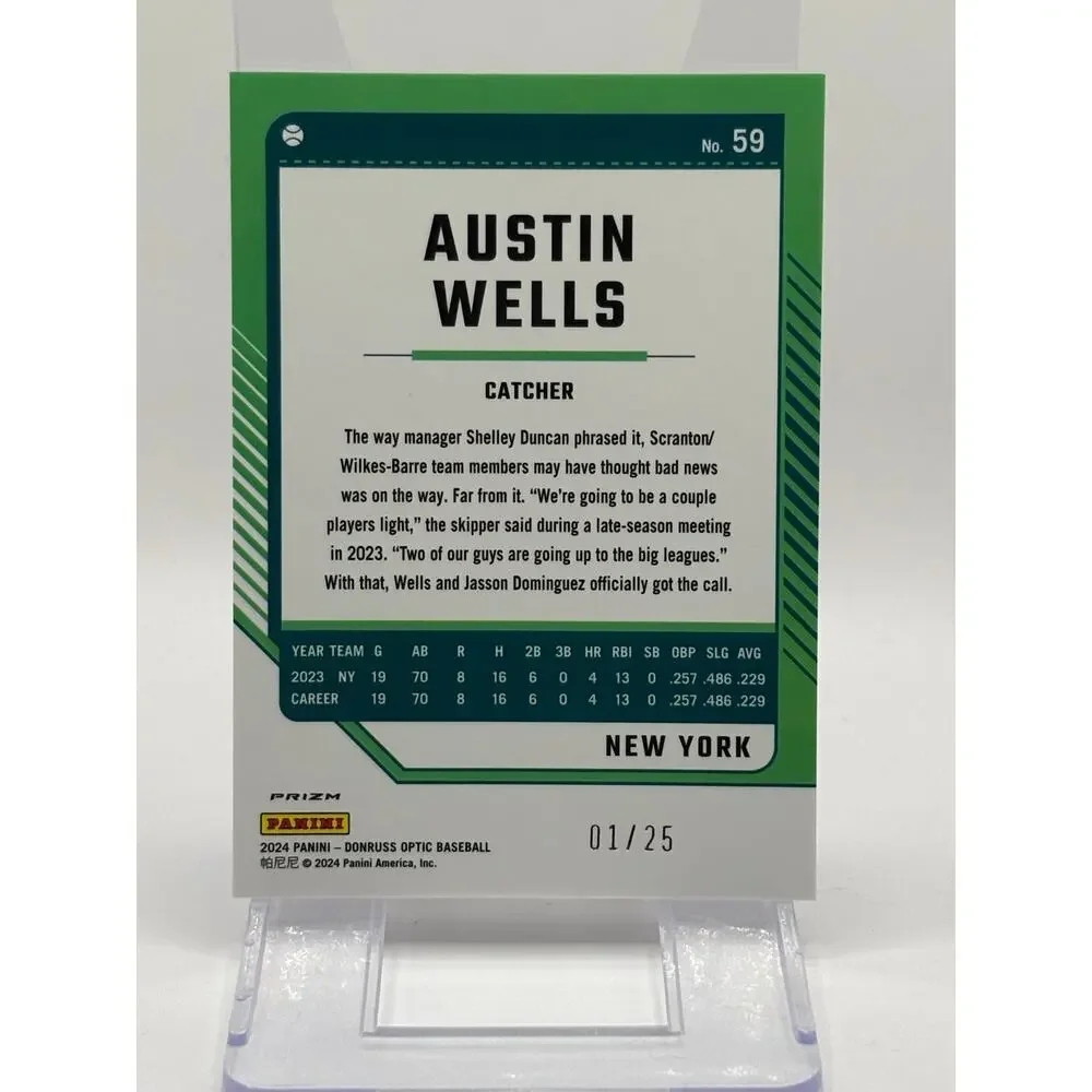 2024 Panini Donruss Optic Austin Wells Cracked Ice Refractor 1/25 SP NY Yankees